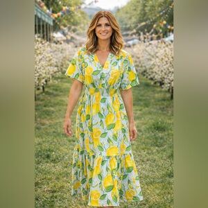 Chicwish Yellow Lemon Print Maxi Dress with Green Leaves